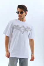 Unisex Oversize Taşlı Bisiklet Yaka T-Shirt - Görsel 4