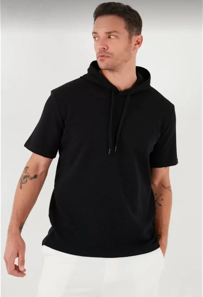 33ece192e9ee26d1d12d5cdb6bda57a8_82890-0.jpg Unisex Kapşonlu Kısa Kol Düz Oversize T-shirt - Görsel 1