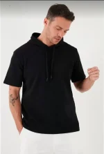 Unisex Kapşonlu Kısa Kol Düz Oversize T-shirt - Görsel 2
