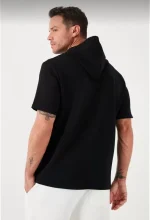 Unisex Kapşonlu Kısa Kol Düz Oversize T-shirt - Görsel 3