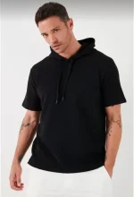 Unisex Kapşonlu Kısa Kol Düz Oversize T-shirt - Görsel 4