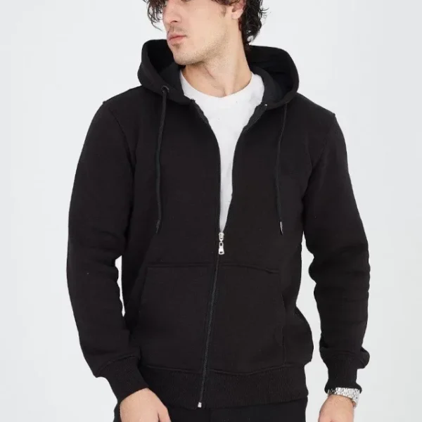 Erkek Kapüşonlu Düz Fermuarlı Hırka