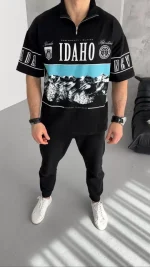 Unisex Baskılı Yarım Fermuarlı T-Shirt