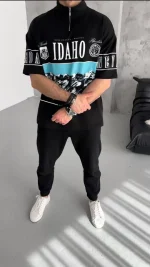 Unisex Baskılı Yarım Fermuarlı T-Shirt - Görsel 2