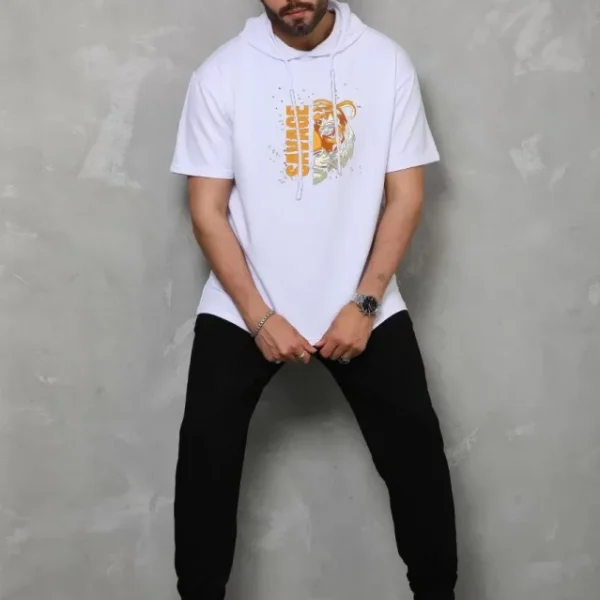 Unisex Kapşonlu Kısa Kol Oversize Baskılı T-Shirt