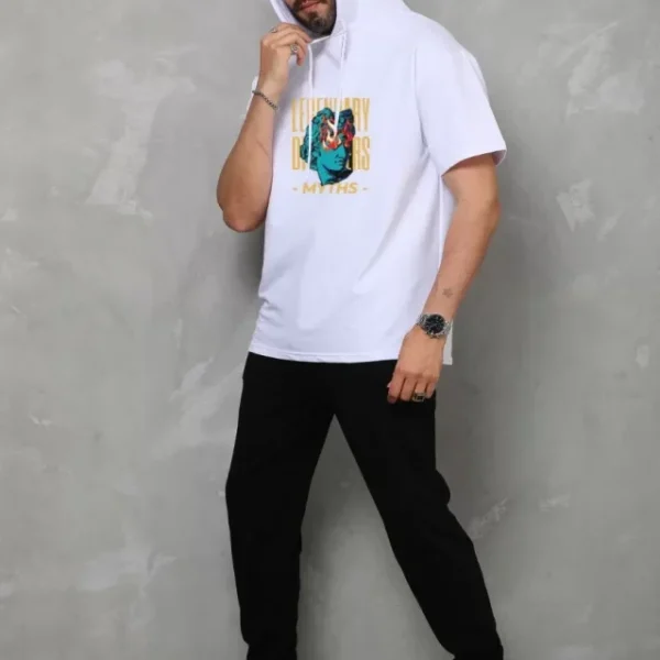 Unisex Kapşonlu Kolsuz Oversize Baskılı Tişört