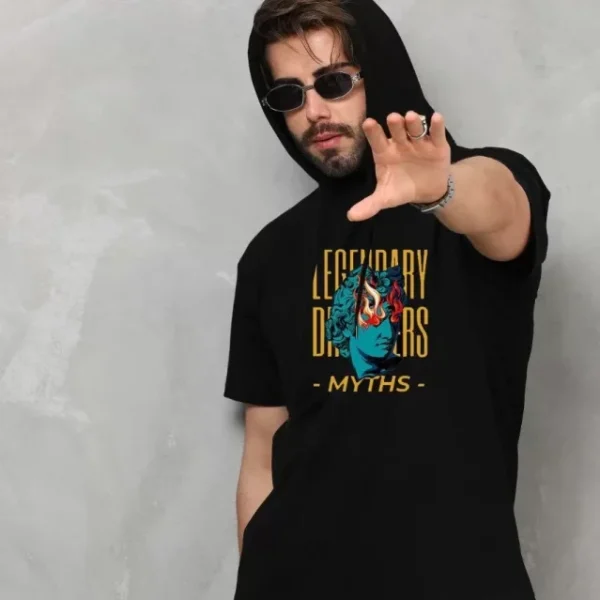 Unisex Kapşonlu Kolsuz Oversize Baskılı Tişört