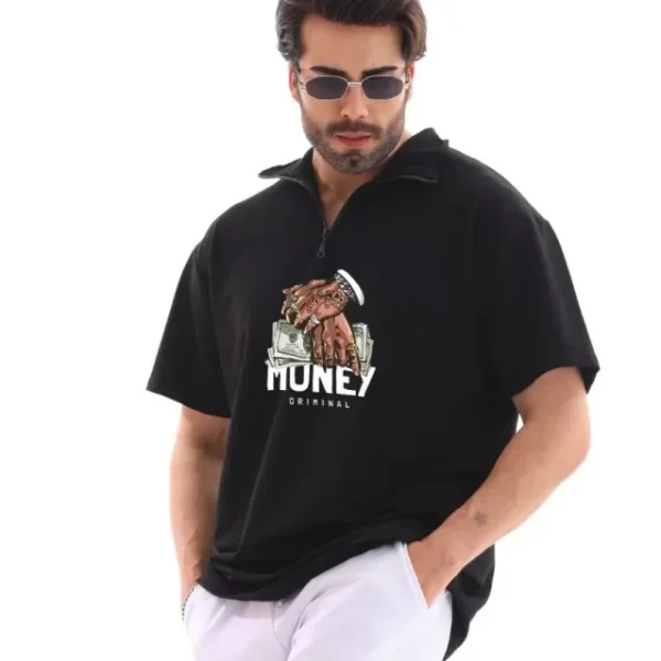 Unisex Yarım Fermuarlı Oversize Baskılı T-Shirt