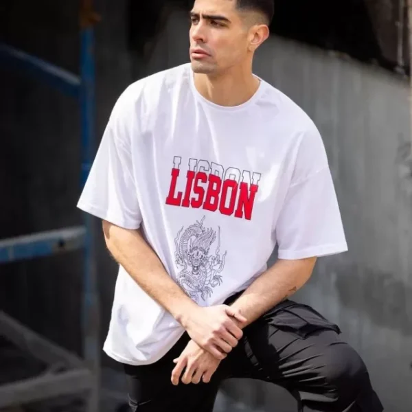 Unisex Bisiklet Yaka Baskılı Oversize T-Shirt