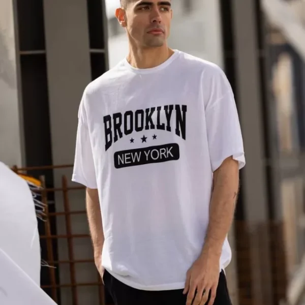 Unisex Bisiklet Yaka Baskılı Oversize T-Shirt