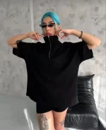 Unisex Yarım Fermuarlı Düz Oversize T-Shirt - Görsel 2