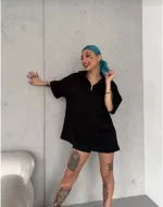 Unisex Yarım Fermuarlı Düz Oversize T-Shirt - Görsel 3