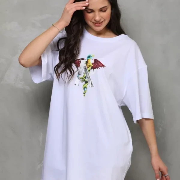 Unisex Bisiklet Yaka Baskılı Oversize T-Shirt