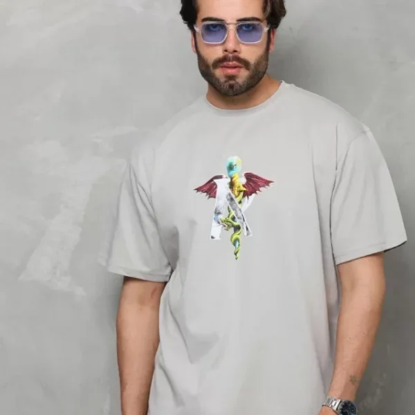 Unisex Bisiklet Yaka Baskılı Oversize T-Shirt