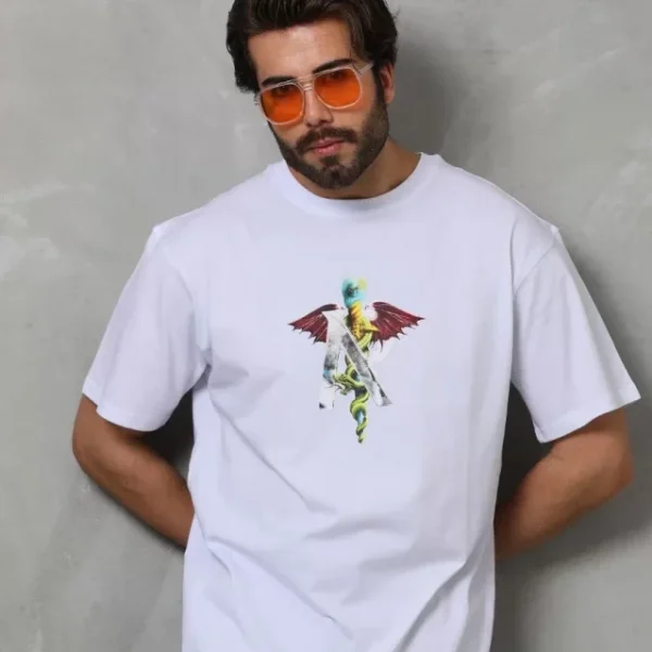 Unisex Bisiklet Yaka Baskılı Oversize T-Shirt