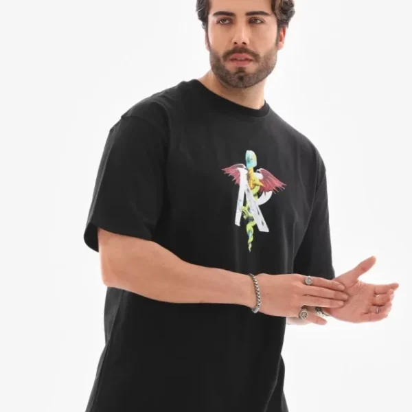 Unisex Bisiklet Yaka Baskılı Oversize T-Shirt
