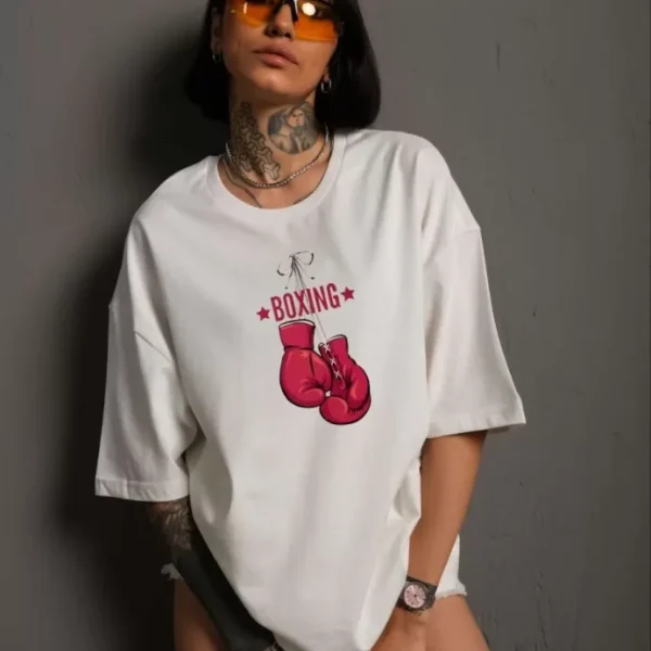 Unisex Bisiklet Yaka Baskılı Oversize T-Shirt