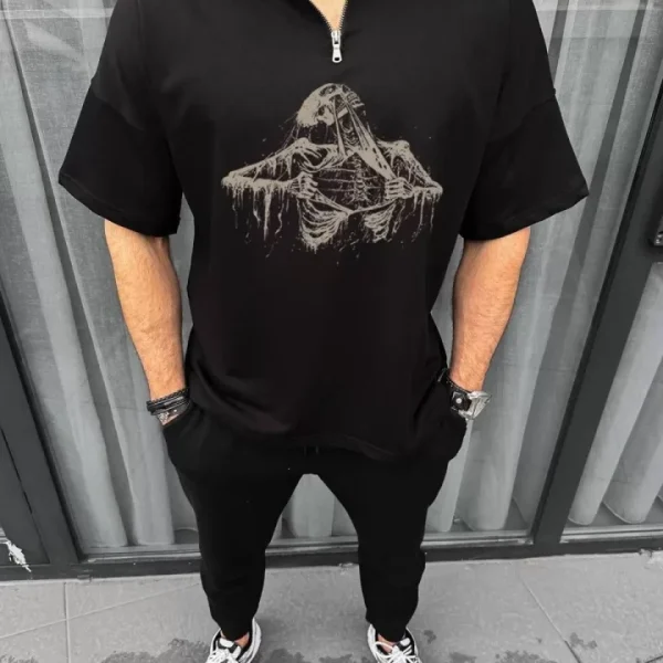 Unisex Yarım Fermuarlı Baskılı Oversize T-Shirt