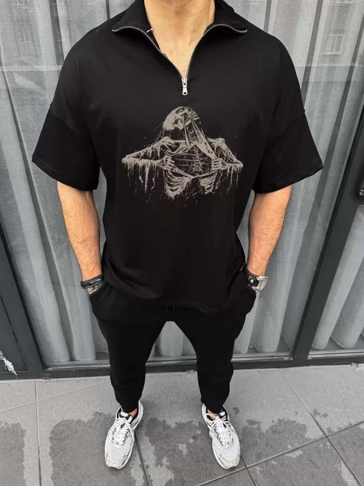 33ece192e9ee26d1d12d5cdb6bda57a8_83795-0.jpg Unisex Yarım Fermuarlı Baskılı Oversize T-Shirt - Görsel 1