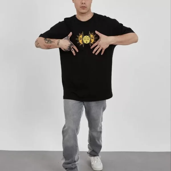 Unisex Bisiklet Yaka Baskılı Oversize T-Shirt