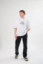 Unisex Bisiklet Yaka Baskılı Oversize T-Shirt