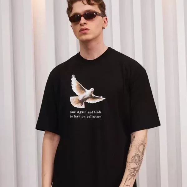 Unisex Bisiklet Yaka Baskılı Oversize T-Shirt