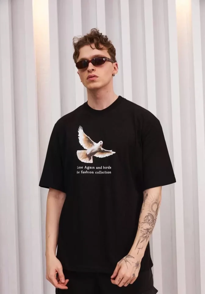 33ece192e9ee26d1d12d5cdb6bda57a8_83995-0.jpg Unisex Bisiklet Yaka Baskılı Oversize T-Shirt - Görsel 1