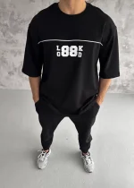 Unisex Bisiklet Yaka Baskılı Oversize T-Shirt