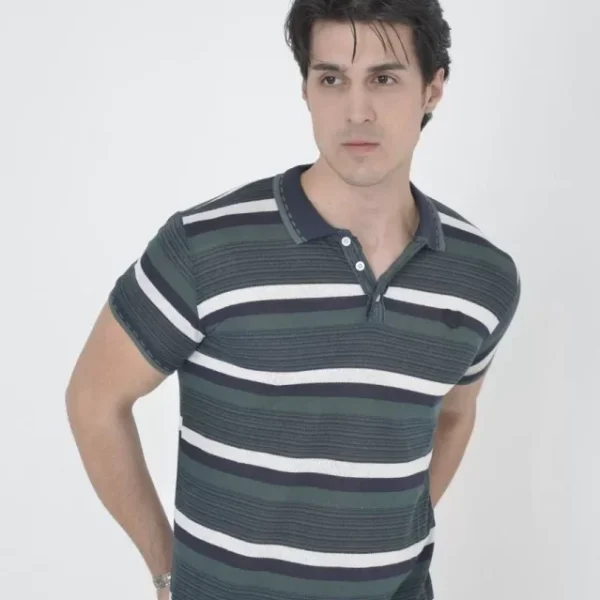 Erkek Yakalı Slim Fit Dokuma Çizgili T-Shirt