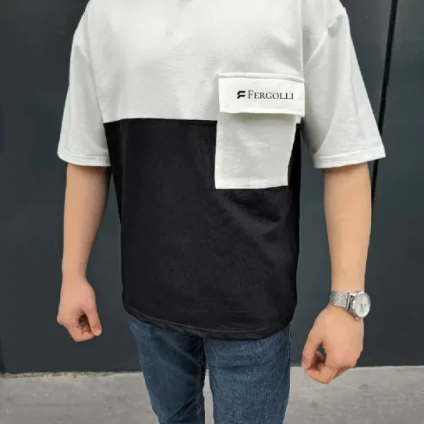 Unisex Torba Cep Detaylı  Parçalı T-Shirt