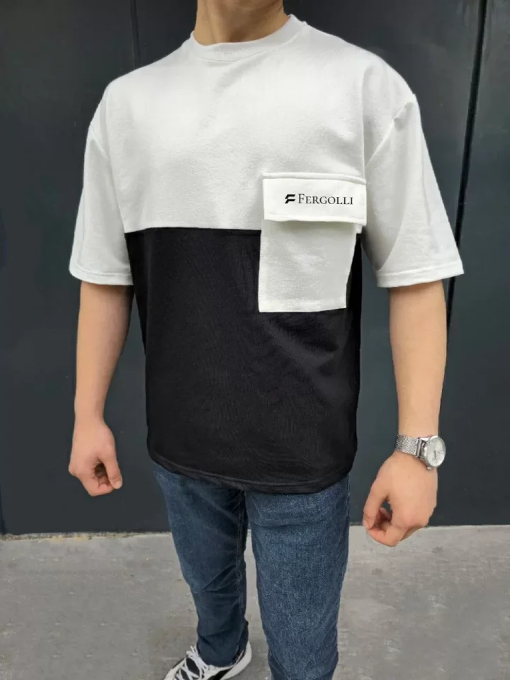 33ece192e9ee26d1d12d5cdb6bda57a8_84141-0.jpg Unisex Torba Cep Detaylı Parçalı T-Shirt - Görsel 1