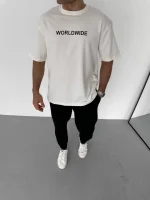 Unisex Bisiklet Yaka Baskılı Oversize T-Shirt