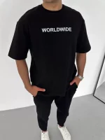 Unisex Bisiklet Yaka Baskılı Oversize T-Shirt