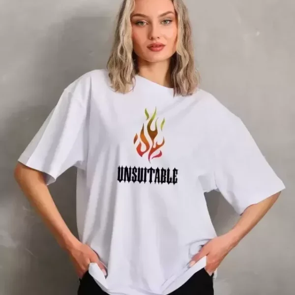 Unisex Bisiklet Yaka Baskılı Oversize T-Shirt