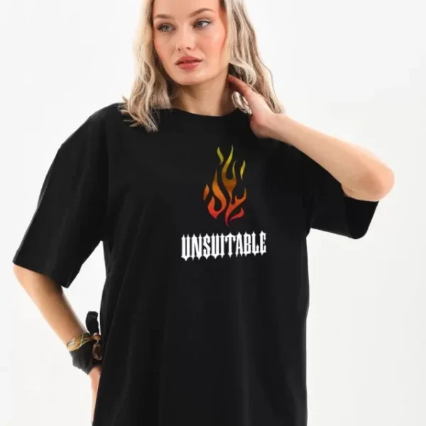 Unisex Bisiklet Yaka Baskılı Oversize T-Shirt