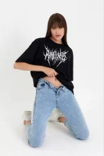 Unisex Bisiklet Yaka Baskılı Oversize T-Shirt - Görsel 2