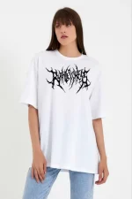 Unisex Bisiklet Yaka Baskılı Oversize T-Shirt