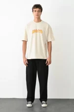 Unisex Bisiklet Yaka Baskılı Oversize T-Shirt