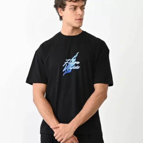 Unisex Bisiklet Yaka Baskılı Oversize T-Shirt