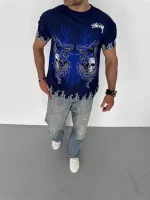 Unisex Bisiklet Yaka Baskılı Oversize T-Shirt