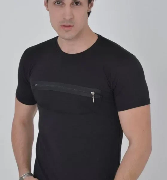 Erkek Göğüste Fermuar Aksesuarlı Dar Kalıp T-Shirt