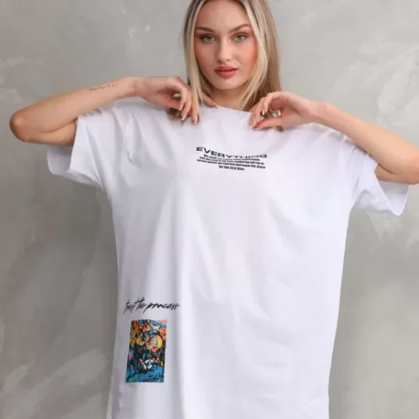 Unisex Bisiklet Yaka Baskılı Oversize T-Shirt