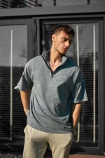 Unisex Yarım Fermuarlı Yıkamalı T-Shirt