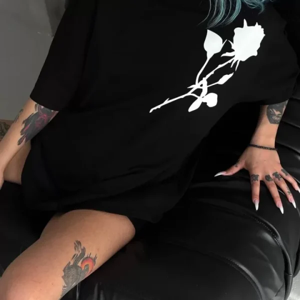 Unisex Bisiklet Yaka Baskılı Oversize T-Shirt