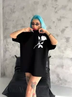 Unisex Bisiklet Yaka Baskılı Oversize T-Shirt - Görsel 2