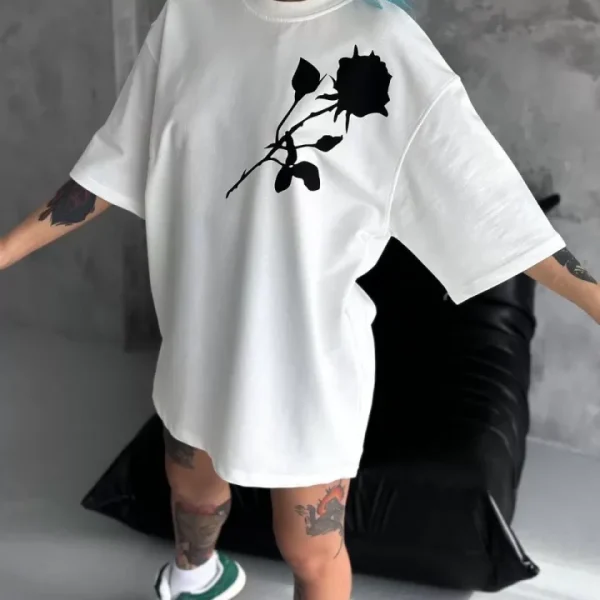 Unisex Bisiklet Yaka Baskılı Oversize T-Shirt
