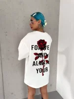 Unisex Bisiklet Yaka Baskılı Oversize T-Shirt - Görsel 2