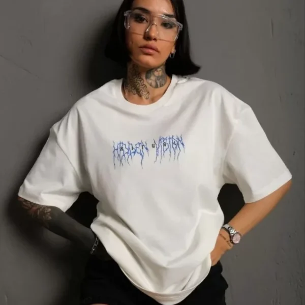 Unisex Bisiklet Yaka Baskılı Oversize T-Shirt