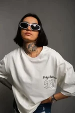 Unisex Bisiklet Yaka Baskılı Oversize T-Shirt