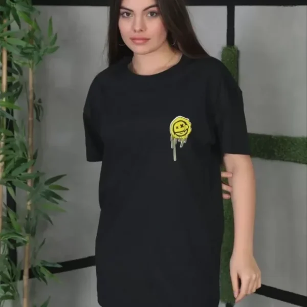 Unisex Bisiklet Yaka Baskılı Oversize T-Shirt
